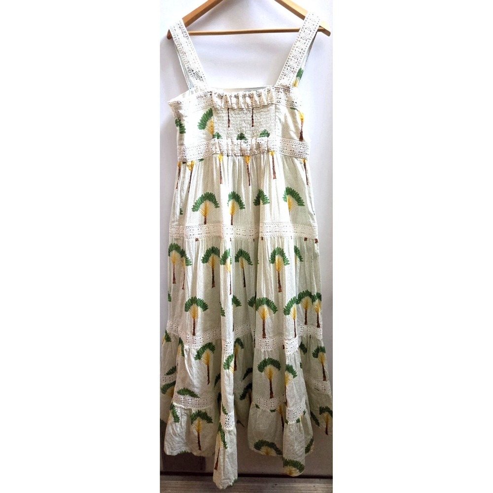 Calypso St. Barth Dress L Maxi Tiered Palm Trees Crochet Lace Straps Cream/Green - Picture 7 of 15